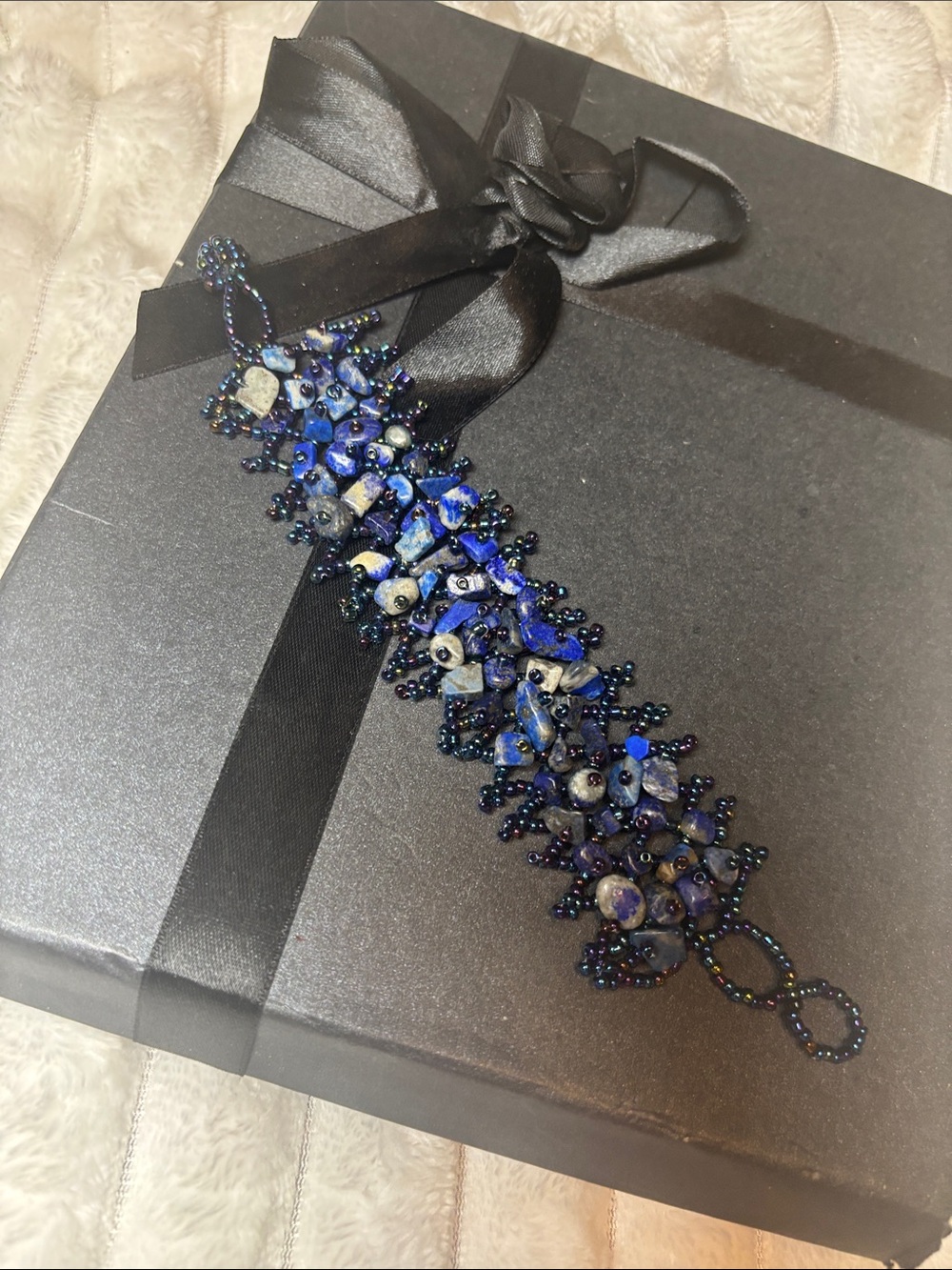Handmade Blue Beaded and Stone Cluster Bracelet 8”